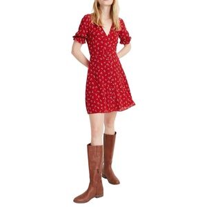 Madewell 100% Silk Ruffle-Sleeve Button-Front Dress in Red Little Lilies Size 10